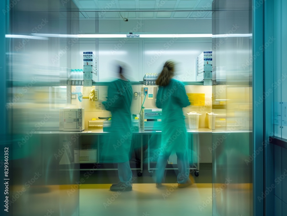 Aufkleber Abstract Blurry of Two Scientists in Green Lab Coats in a Symmetrically Equipped Laboratory Using Long Exposure, Fast Shutter Speed Technique
