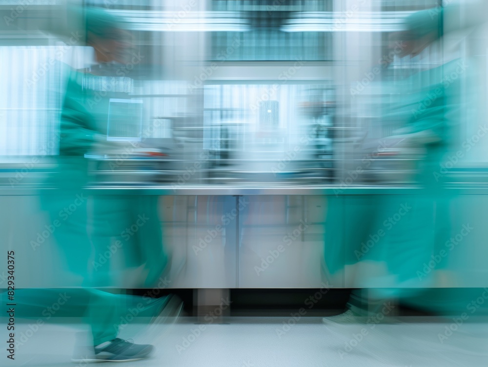 Poster Abstract Blurry Image of Two Scientists in Vibrant Green Lab Coats Inside a Modern Laboratory, Engaged in Research Using Advanced Reproduction Technology