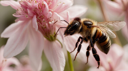 The Bee's Journey Begin with a panoramic shot of a lush garden bathed in warm sunlight