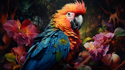 Obraz premium Vibrant parrot perched on a branch surrounded by blooming flowers