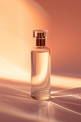 photograph, productive view, cylinder podium with perfume,  solid cream background, mockup product,