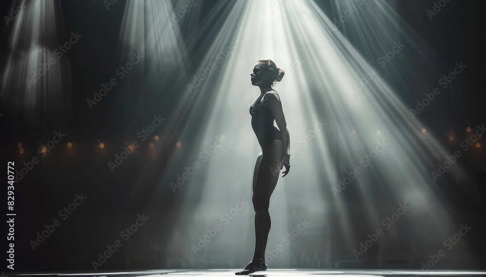 Poster a contemporary dancer, girl in a black and white suite, in the middle of a stage with a direct light