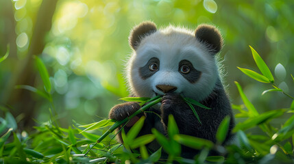Fototapeta premium Cute panda eating bamboo 3D clay style