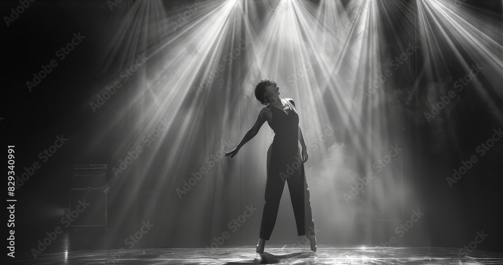 Poster a contemporary dancer, girl in a black and white suite, in the middle of a stage with a direct light