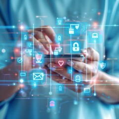 Obraz premium Mobile Security Concept: Person Engaging with Smartphone Amidst Digital Encryption Icons, Highlighting Cybersecurity Measures
