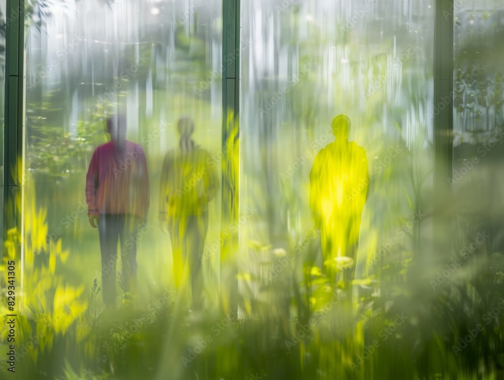 Poster Abstract Summer Scene: Blurry Figures Using Insect Repellent in a Lush Garden, Captured with Long Exposure and Wide-Angle Lens