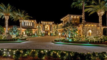 Fototapeta premium Welcome guests to your home with a grand entrance adorned with elegant garlands, twinkling lights, and a stunning display of