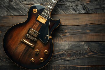 A classic guitar frame mockup with a vintage look, displayed on a dark wooden floor