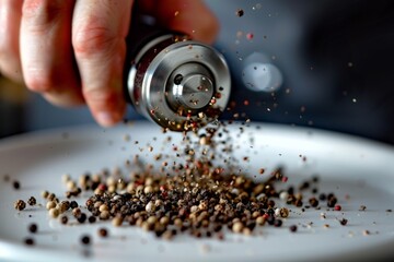 A close-up of a hand grinding peppercorns with a modern grinder, ground pepper falling onto a white plate