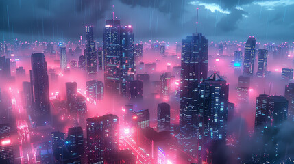 A futuristic city skyline at night, bathed in neon blue and pink lights. The buildings are tall and...