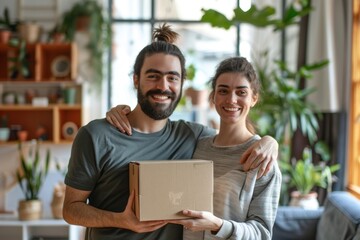 A Caucasian couple holds a cardboard box together in their plant-filled living room, sharing a light-hearted moment, surrounded by a lush green environment.