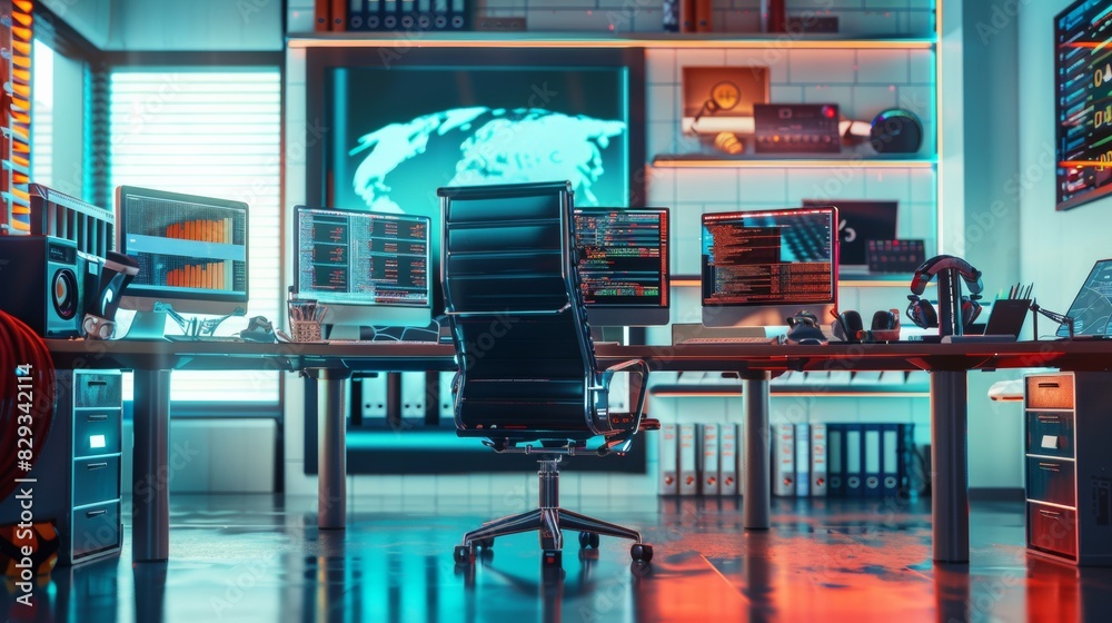 Aufkleber Cybersecurity Expert Working Late in Sleek, Modern Office with Multiple Monitors and High-Tech Digital Security Systems