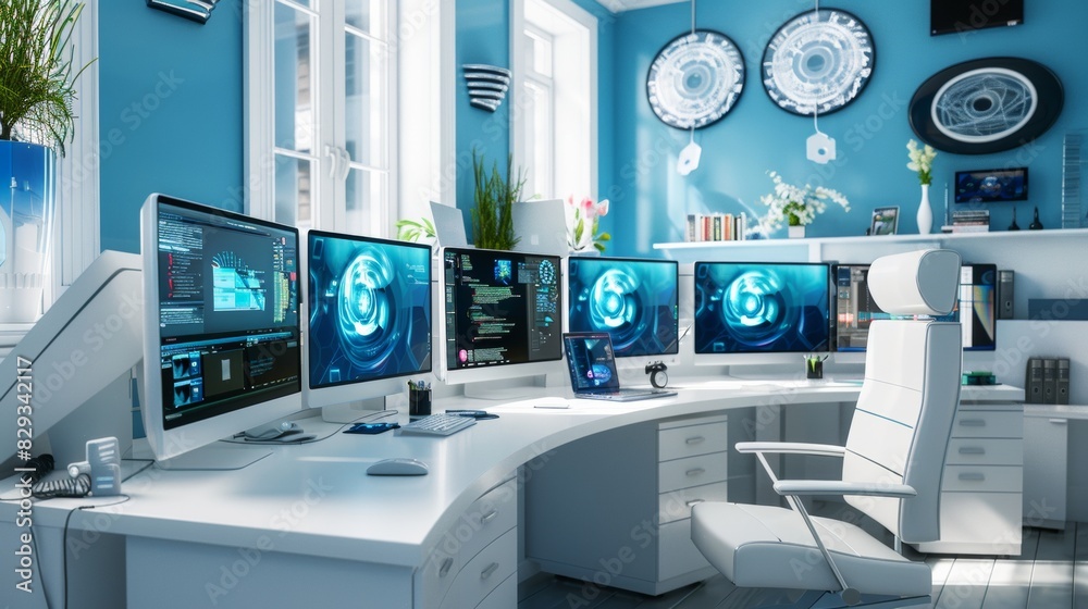 Aufkleber cybersecurity expert's modern office at daytime: advanced monitoring in a professional setting, emph
