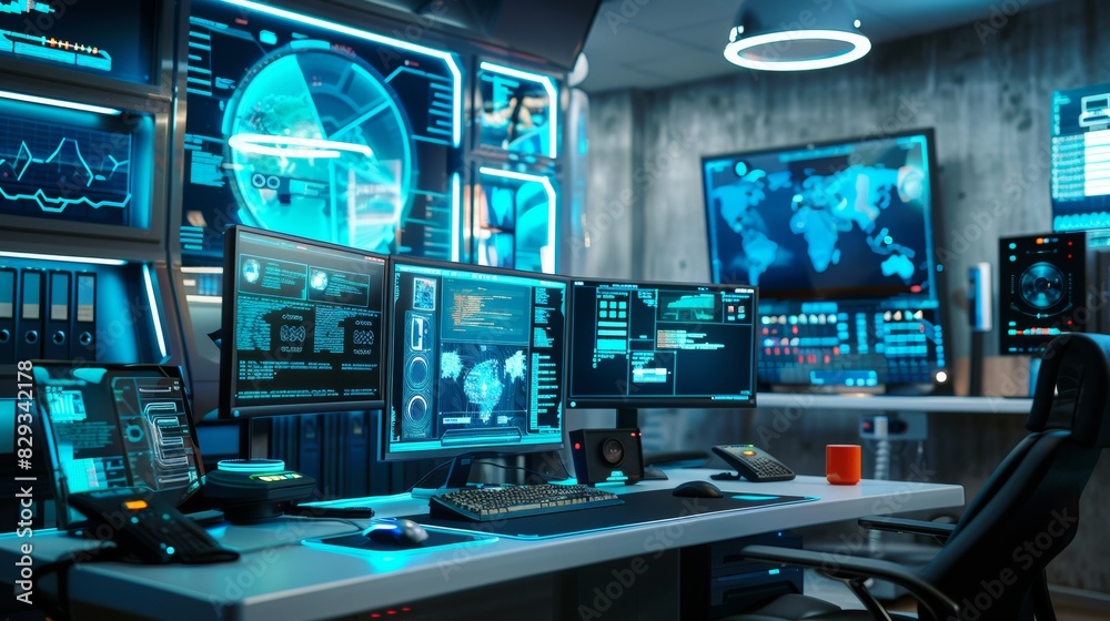 Poster cybersecurity expert monitoring digital data in modern office environment – a scene of professional 