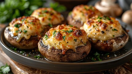 A plate of savory stuffed mushrooms, filled with cheese and herbs. - Powered by Adobe