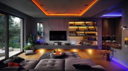 Create a cozy modern living room with a plush sofa, a big-screen TV, and LED strips installed along the