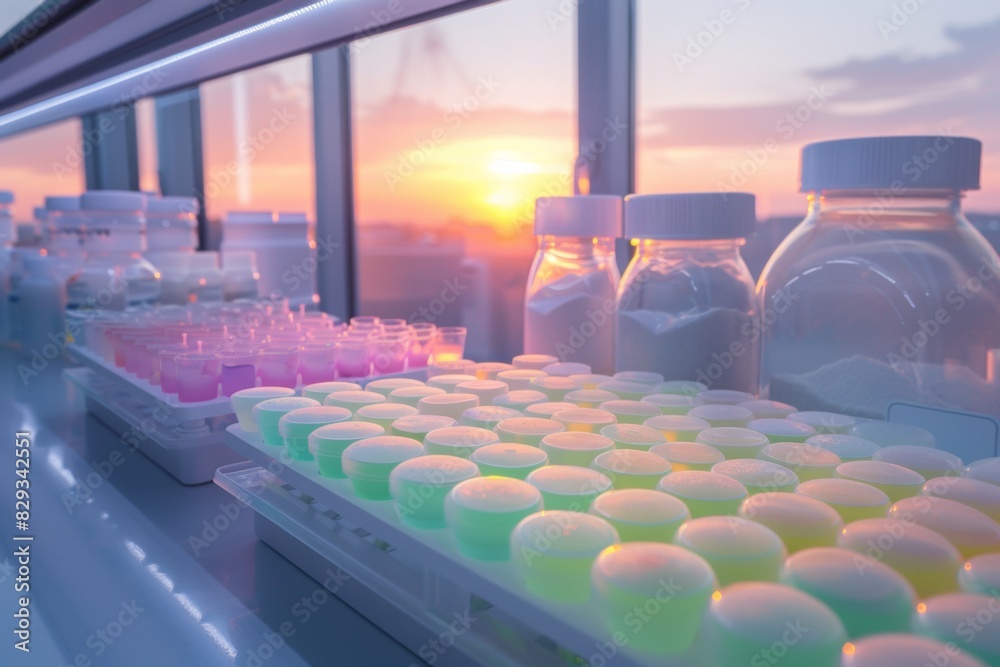 Poster sunrise at a high-tech laboratory: diverse scientists engage in revolutionary ivf and dna editing