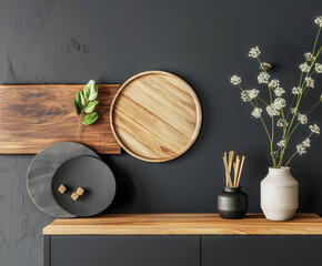Minimalist wooden dresser with minimal decorative elements. Luxury interior design composition for ads.