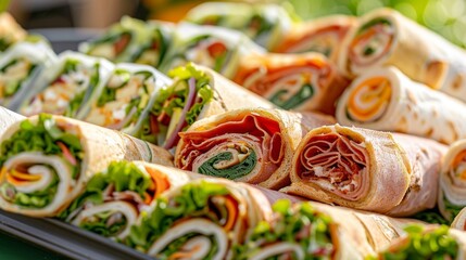A variety of sandwiches and wraps arranged neatly on a serving tray perfect for a beach picnic.