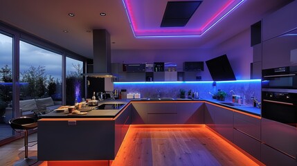 Illuminate your kitchen at night with LED strips installed along the ceiling and a built-in TV, offering both practical
