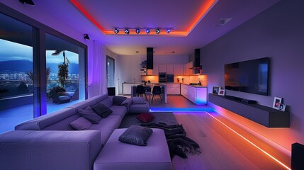 Design a sleek modern living room sanctuary with a modular sofa, a wall-mounted TV, and LED strips lining the