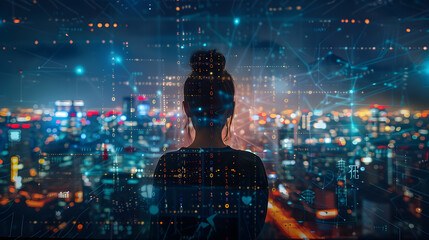 Explore a futuristic cityscape where AI and human connections are made through hands and fingers on touch screens.AI and human minds connect in a futuristic cityscape, fingers and hands interacting.