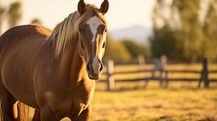 Portrait of single horse in paddock on a golden afternoon.