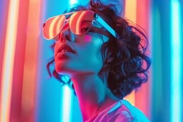 Fototapeta premium Future of Privacy in Technology: Young Adult Engaging in Secure Virtual Reality Experience Amidst Neon Lights