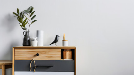 Minimalist wooden dresser with minimal decorative elements. Luxury interior design composition for ads.