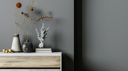 Minimalist wooden dresser with minimal decorative elements. Luxury interior design composition for ads.