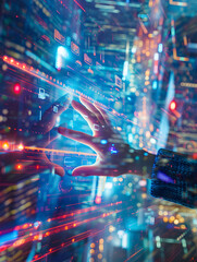 Explore a futuristic cityscape where AI and human connections are made through hands and fingers on touch screens.AI and human minds connect in a futuristic cityscape, fingers and hands interacting.