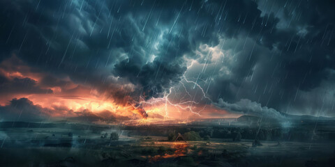 Obraz premium A dramatic thunderstorm with lightning and rain unfolds over an expansive landscape, the dark and ominous sky lit up by multiple streaks of lightning illuminating the stormy clouds above.