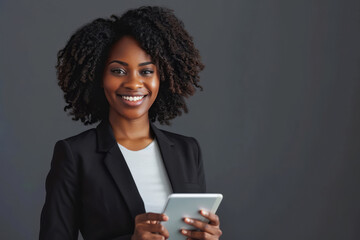 A businesswoman, smiling and holding a tablet, stands for a portrait over a grey background with space for additional text.