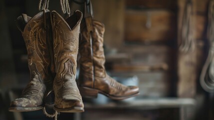 A wornout pair of cowboy boots hangs on a hook giving inspiration to the boot maker and reminding him of the crafts rich history.