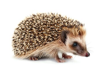 Tiny baby hedgehog with spiky fur isolated on white background