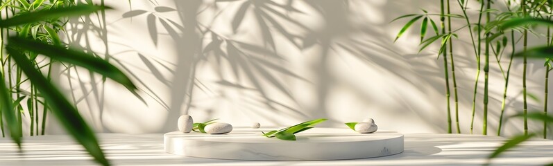 Obraz premium Minimalist podium, bamboo tree in sunlight, leaf shadow in blank white concrete wall for modern luxury organic beauty, cosmetic, skincare, nature, fashion product display background
