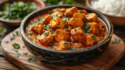 A dish of flavorful chicken tikka masala, served with rice.