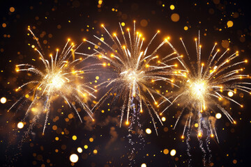 A dark background features a golden fireworks effect, with blurry light spots on the left side of the screen and glowing particles floating in the air.