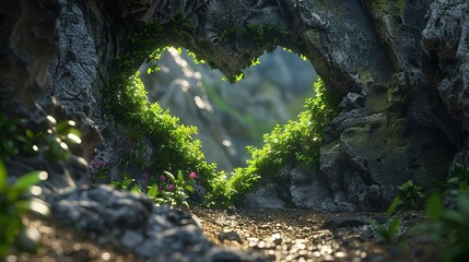 A heart made of green plants is growing out of a rock