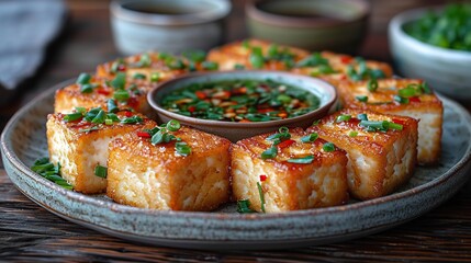 A plate of crispy fried tofu, served with dipping sauce.