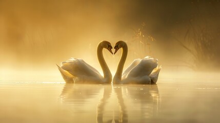 Two swans are swimming in a lake with their heads together