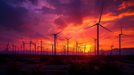 Obraz premium wind turbines at sunset, power generation, renewable energy, sustainable energy concept