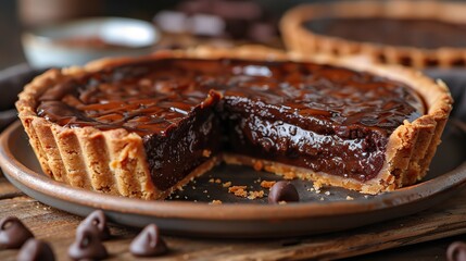 A serving of rich chocolate and caramel tart, with a flaky crust.