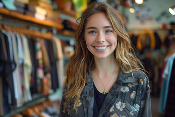 A woman, presumably a clothing store owner or designer, is standing in front of a rack of neatly displayed shirts indoors
