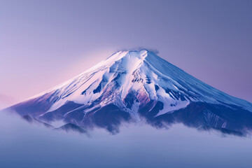 A mountain, with snow on the peak, is set against a purple and blue gradient background.