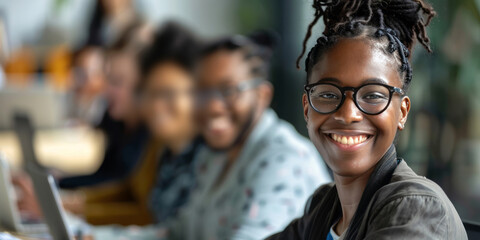 Obraz premium A diverse group of people in an office setting are engaged and happy while working on laptops together, with the focus centered around one person.