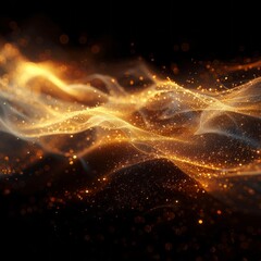 A digital art piece features an elegant wave of golden dust, creating a dynamic and graceful effect on the dark background.