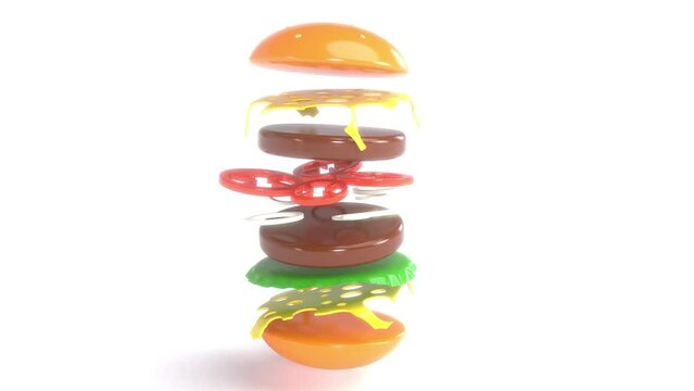 Flying slice cheeseburger burger with flying elements 4k