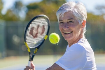 Senior Caucasian woman playing tennis, holding a racket and a tennis ball, smiling on a sunny day.