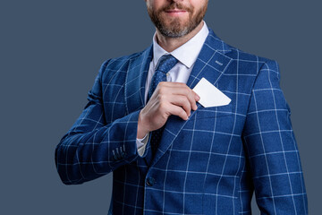 Pay the bill. Businessman with credit card. Business deal with emoney. Success of business. Businessman in suit hold credit card isolated on grey. Business branding. Cropped view